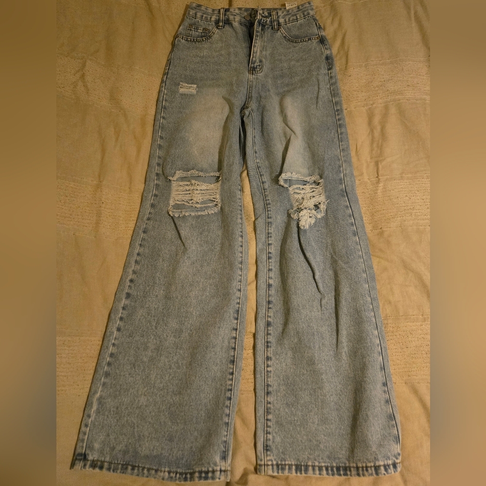 SHEIN Light Blue Distressed Flare Jeans